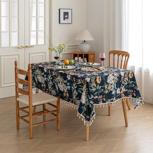 Handblock Print Tablecloth for Square Tables, Navy Blue Table Cover with Fringed Edges, Decorative Tablecloth for Kitchen and Dining Room,59"x 59" - color: Navy Blue, size: 59" x 59" (Rectangular)