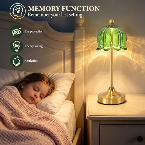 Set of 2 Cordless Green Glass Tulip Table Lamp - color: Green, size: 2-pack