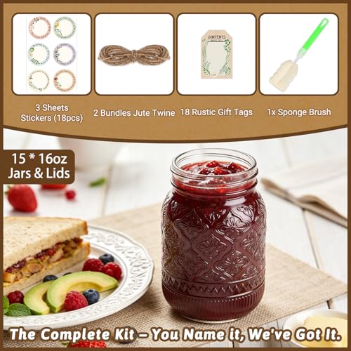16oz Embossed Mason Jars 15-Pack with Airtight Lids and Bands - color: Clear03-16oz