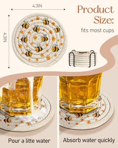 Absorbent Cup Coasters Set of 6 with Holder, Bee - color: Bee
