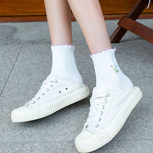 zrylibya Women Ruffle Frilly Floral Embroidery Scallop Ankle Socks 5 Pairs - color: Multicolor a