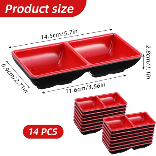14 Pcs Dual Compartment Sauce Bowls & Soy Dish Set with Dipping Dish Tray, Divided Dipping Sauce-Plates for Sushi, Appetizers (Black/Red, Melamine Resin)