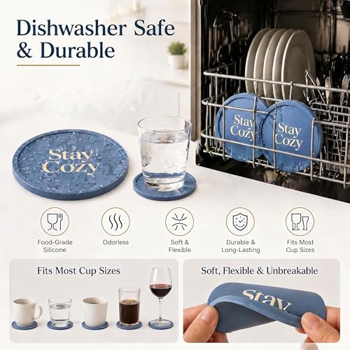 HiramWare Silicone Coasters Set of 6, Premium Drink Coaster with Holder, Non-Slip, Non-Stick, Dishwasher Safe, Perfect for Hot and Cold Drinks, Protect Your Desks and Tables(6 Morandi Blue) - color: Morandi Blue