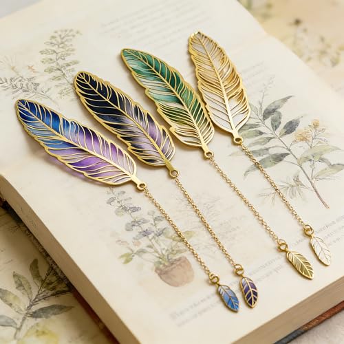 4Pcs Fantasy Feather Bookmarks for Books, Metal Bookmark with Chain, Unique Reading Accessories for Women Book Lovers, Teachers, Students - style: 4Pcs Feather