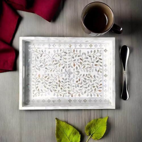 Beautifully Handcrafted Antique Mother of Pearl Serving Tray | White Colour Home Decor Tray | Decorative Food Platter | Handcrafted Ottoman Tray | Breakfast in Bed Tray - Fairdeal Handicrafts