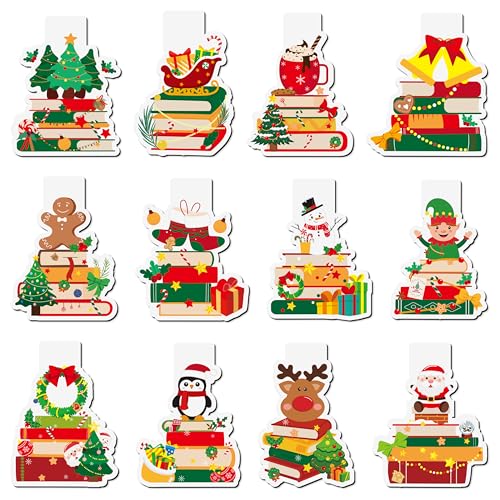 Yopyame Christmas Magnetic Bookmarks Bulk - 36PCS Christmas Book Tracker Magnetic Bookmarks 12 Bookshelf Design Bookmark for Book Lovers Double Sided Reading Page Markers for Reading Lovers Students - style: Christmas