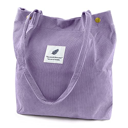 Ayieyill Corduroy Tote Bag for Women Canvas Shoulder Cord Purse with Inner Pocket - color: Purple Grey