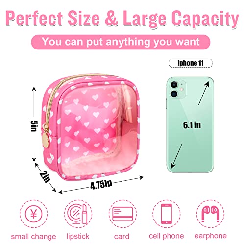 Mini Clear Travel Makeup Organizer Bag for Purse, Samll Cute Preppy Pink Makeup Bag Cosmetic Zipper Pouch Purse, Transparent PVC & Nylon Waterproof Toiletry Storage Clutch for Women Girls(Pink Heart) - color: Pink Heart-Clear, size: Mini