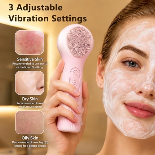 Silicone Facial Brush, Rechargeable Face Scrubber with 3 Vibration Settings, Exfoliator Face Scrubber with Massaging and Deep Cleaning, IPX7 Waterproof Facial Cleansing Brush for Women Men (Pink) - color: Pink