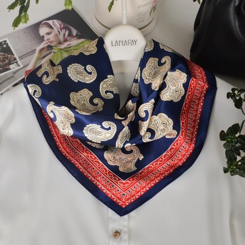Women 100% Mulberry Silk Neck Scarf 21" Square Floral Neckerchief - color: Blue Red Paisley