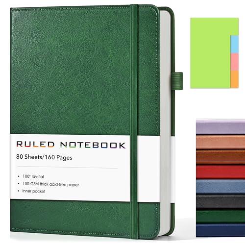 Lined Journal Notebook, A5 Hardcover Leather Journals for Writing, 160 Numbered Pages, 5.7'' x 8.3'' Journaling Notebooks for Men Women, Thick Paper College Ruled Journal for Work Office School, Green - color: Green, size: Lined