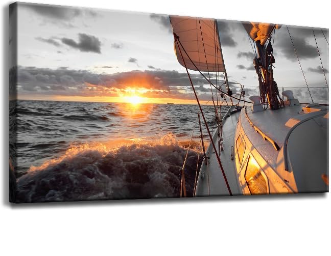 Yxbhhym Coastal Wall Art Black and White Sunset Boat Beach Painting Large Pictures Living Room Wall Art Bedroom Ocean Decor sailboat Canvas Prints Sailing Poster Office Artwork Framed Home Decor - color: AboaS, size: 48"L x 24"W