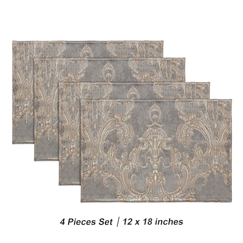 Loom and Mill Luxury Jacquard Damask Placemats Double Layer, Set of 4, Gray - color: Gray + Beige-brown(pattern), size: 4 Pieces