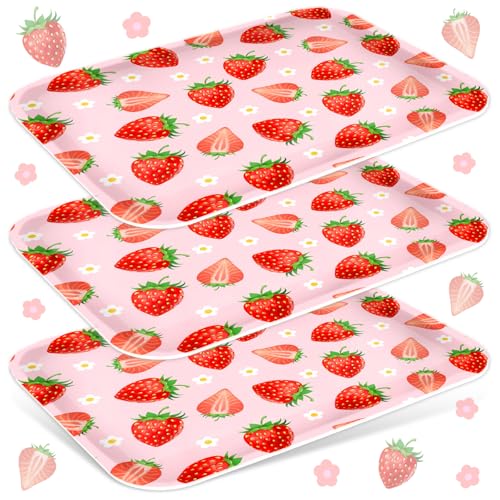 JarThenaAMCS 3Pcs Strawberry Serving Trays Red Pink Berry Flower Platter Cute Fruit Serving Dishes for Birthday Baby Shower Party Sharing Snacks Fruit Dessert Candy - style: Strawberry