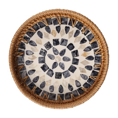 Round Rattan Tray, Serving Platters with Mother of Pearl Inlay Aesthetic Wicker Jewelry Dishes for Snacks Fruits Jewellery Home Decor 22cm