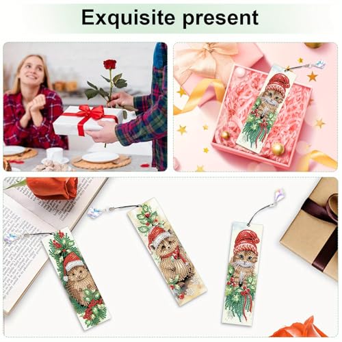 Tontut 3 Piece Bookmark Diamond Art Painting Kit, Christmas Cat DIY Diamond Handmade Art Bookmarks for Book Lovers, Can be a Gift for Friends - color: Santa Kitty