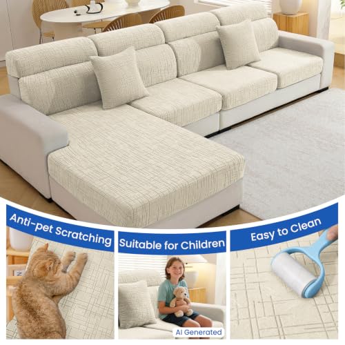 Stretch Sofa Cushion Covers (2 Seaters + 1 Chaise, Beige) - color: Beige, size: 1 Chaise + 2 Seater Cover