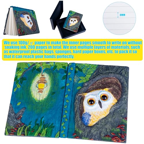 Handmade Cute Owl in Tree Hole 3D Journal,Resin Engraving Notebook,Hardcover Travel Diary for Writing,Sketchbook,Collection,Gift,Decoration Diary for Man And Woman A5 Size （white） (White) - color: White