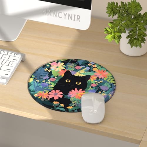 Hancynir Black Cat Round Mouse Pad, Small Mousepad for Laptop Desk Office - color: Floral Cat