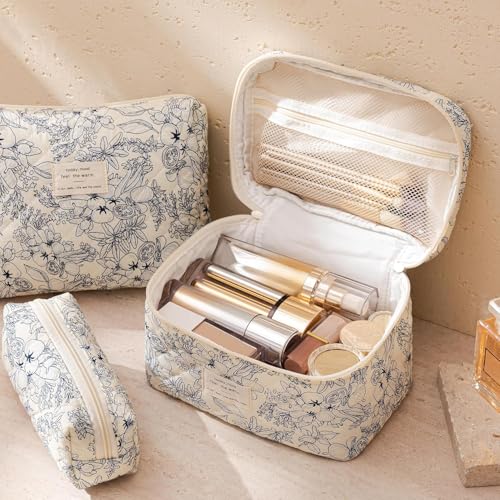 HBselect Quilted Makeup Bag, 3Pcs Cotton Large Travel Makeup Bags Organizer - color: A-3PCS-Floral 31