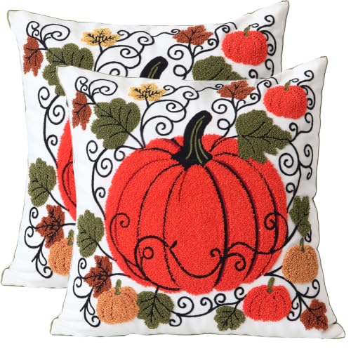 Set of 2 Embroidered Decorative Throw Pillow Covers Couch Square Pillowcases Cushion for Bedroom Sofa Farmhouse Decor 18x18 Inch (Cute Pumpkin) - color: Cute Pumpkin