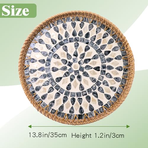 13.8" Round Mother of Pearl Inlay Rattan Black Drop Design Serving Tray - color: Black Drop