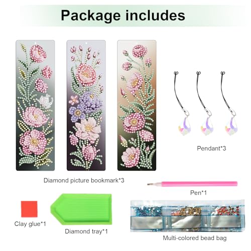 Tontut 3pcs Diamond Art Painting Kit Bookmarks, Pink Flower Exquisite Universal DIY Bookmarks, Lightweight and Durable, Suitable for Reading Lovers - color: Flower
