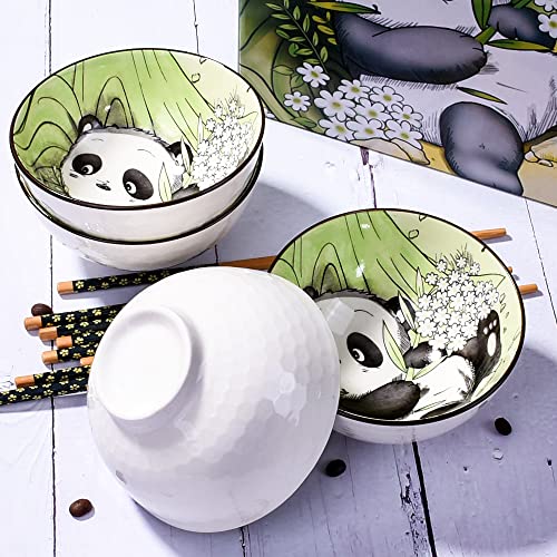 Ceramic Rice Bowl with Chopsticks Set of 4, 4.5" Cute Panda Small Bowls - color: PDS