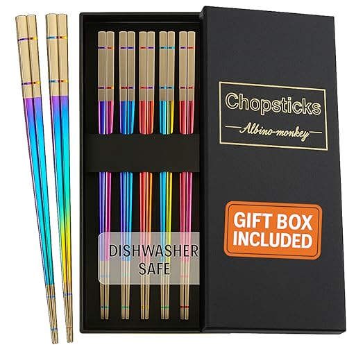 Albino Monkey Rainbow Metal Chopsticks Reusable Stainless Steel (5 Pairs)