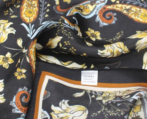 ANDANTINO 100% Mulberry Silk Scarf -21” Square Neckerchief with Gift Packed - color: Flowers-black