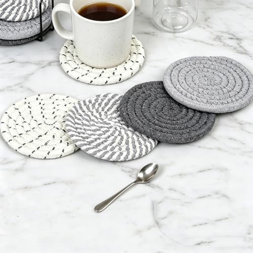 Coasters Set of 8 for Drinks with Holder,4 Colors Absorbent Coasters,Boho Cotton Woven Coaster Set for Living Room Decor,Tabletop Protection Suitable for Drinks,Beer, Coffee - color: Gray