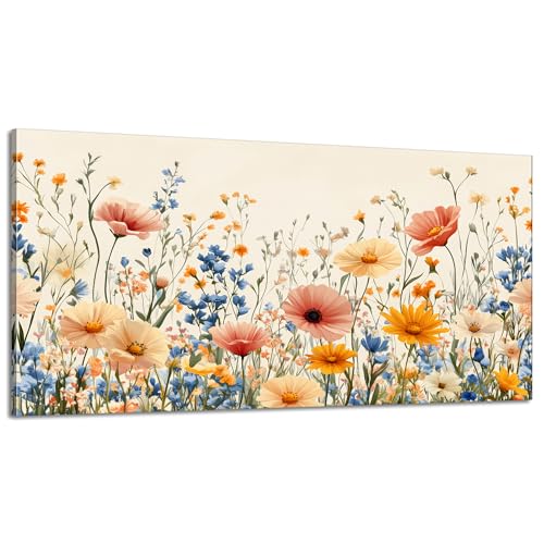 KZKU Wall Art Floral Canvas Print Wildflower Garden Pink Yellow Blue Watercolor style Flower Picture for Bedroom Living Room Artwork Home Wall Decoration 20x40in - color: Multicolor/floral, size: 40"L x 20"W