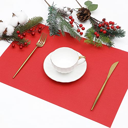 SHACOS Placemats Set of 6 Woven Vinyl Christmas Place Mats for Dining Table Wipe Clean Stain Resistant Table Mats Indoor Outdoor (6, Red) - color: Red, size: Set of 6