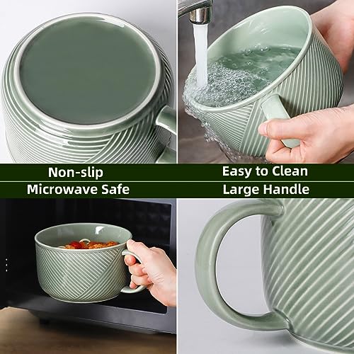 Ceramic Soup Bowl with Handle, 38 oz Microwave Safe, Pea Green - color: Pea Green