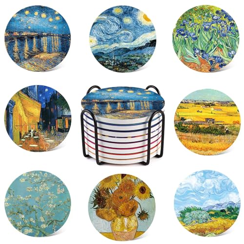 4inch Round Art Painting Style Marble Coaster with Storage Rack 8pcs - color: Van Gogh