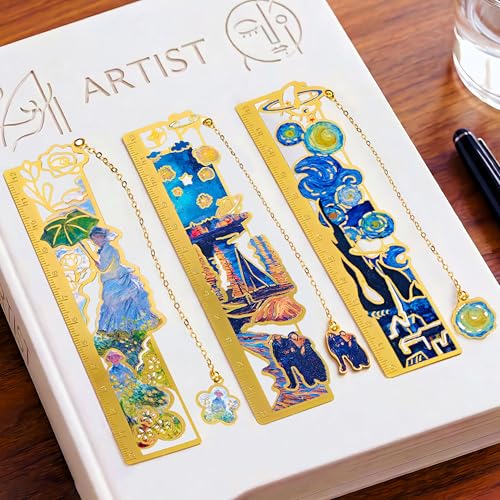 3Pcs Oil Painting Hollow Metal Bookmarks, Art Series Ruler Bookmarks