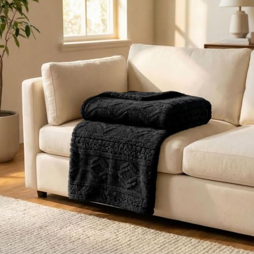 Superior Fleece Boho Jacquard Blanket, Decorative Blankets for Bedroom, Sofa, Fuzzy, Plush, Fluffy, Soft, Cute Room Decor, Beautiful Cover, Comfort Essentials, Arctic Collection, Throw, Black - color: Black, size: Throw