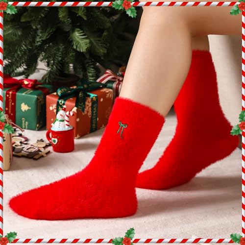 Geyoga 5 Pairs Fuzzy Bow Socks for Women Fluffy Slipper Gift - color: Red Green