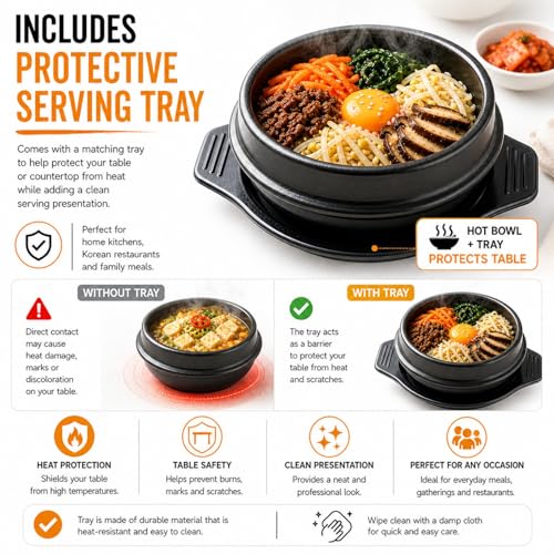 XICHENGSHIDAI Korean Stone Bowl, Dolsot with Tray, 51 Oz, Black - size: 1500ml
