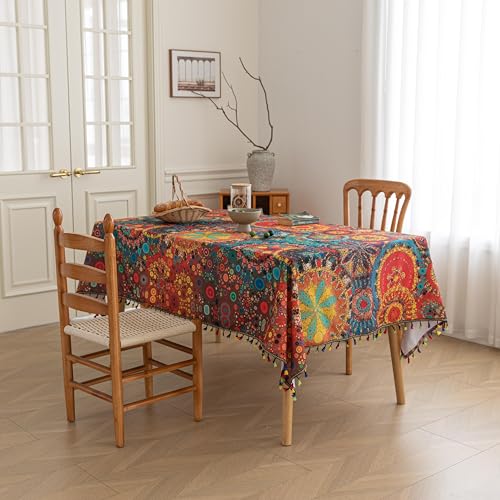 Boho Tablecloth for Square Tables,Fringed Edges with Geometric Pattern Tablecloths,Farmhouse Floral Table Cover Cloth Decorative for Kitchen Dining Room,59"x 70" - color: Dot Colorful, size: 70" x 59" (Rectangular)