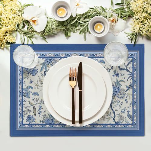 Giwawa 4PCs Chinoiserie Placemats Blue White Floral Birds Decorative Linen Table Mat 12"x18" Oriental Style Classic Flowers Heat Resistant Washable Place Mats for Kitchen Dining Party - color: Chinoiserie Bird