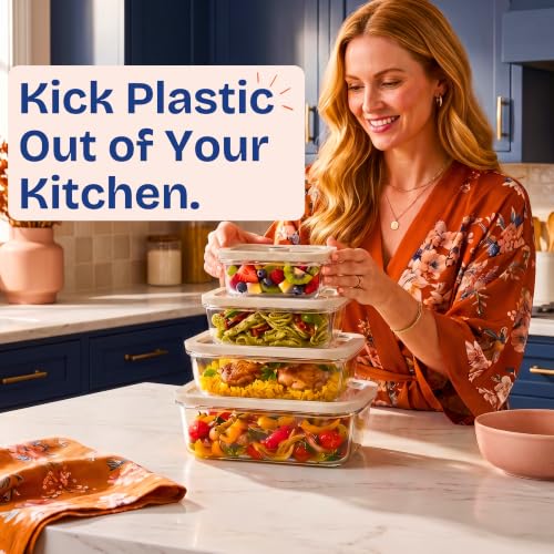Non-Toxic Glass Food Containers with Lids, 4-Pack, Multi-Size, Beige - color: Beige, size: Multi Size