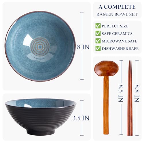 40oz Japanese Ceramic Ramen Bowl Set of 2 with Chopsticks and Spoons for Pho Udon Asian Soup Noodles (Blue Glaze) - color: Blue Glaze