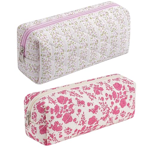 Cute Floral Cotton Makeup Brush Cosmetic Bag for Women, Travel Quilted Zipper Make Up Bag, Flowers Toiletry Organizer Case Kawaii Makeup Cosmetic Travel Cloth Pouch (Pink+Big Red Floral) - color: Two Pack: (Pink+Big Red Floral)