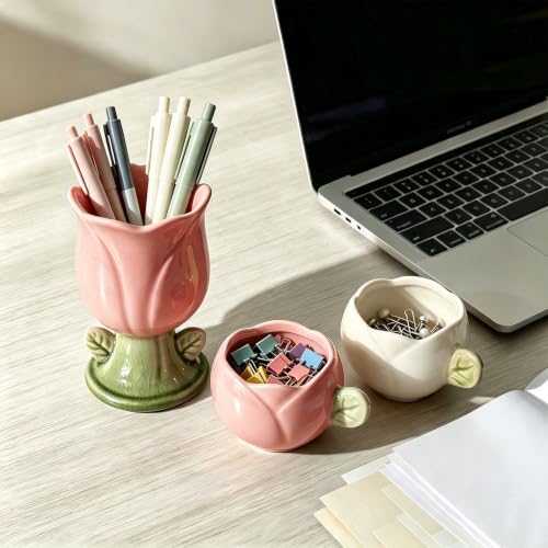 2 Pack Tulip Ceramic Paper Clip Holder, Flower Office Desk Decor - color: Tulip Pink+White
