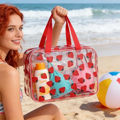Flower Makeup Bag - Clear Printable Vinyl Cosmetic Pouch, Waterproof Small Clear Gift Bags for Travel & Organizer (Strawberry) - color: Strawberry