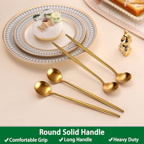 DEHOV Satin Gold 6.7 Inches Coffee Spoon,4 Pieces Stainless Steel 18/10 Tea Spoons Set,Solid Round Handle Coffee Stirring Spoon,Durable Dishwasher Safe Long Handle Ice Cream Spoons,Teaspoon - color: Gold, size: 6.7 Inch