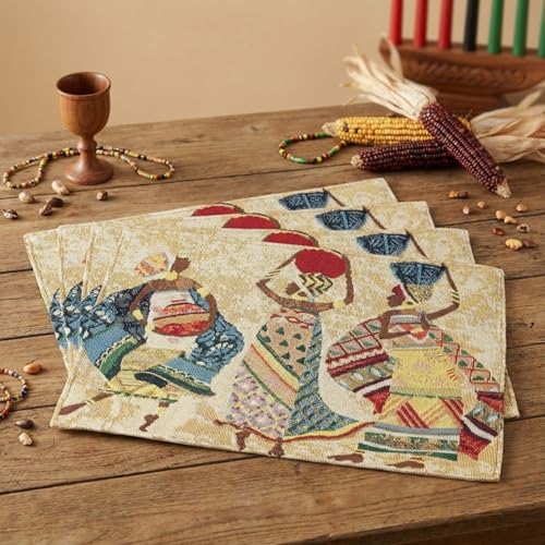DaDa Bedding Dancing Women Tapestry Dining Table Placemats - Set of 4-Pieces Festive Celebrate Kwanzaa - Tribal African Tribal Culture - Decorative Cotton Linen Woven Kitchen Mats - 13” x 19” (18117) - color: Dancing Women