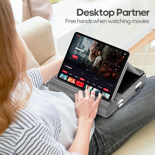 KDD Tablet Pillow Stand, Multi-Angle Viewing Ipad Holder for Lap, Bed and Desk, Foldable Soft Pad Dock with Stylus Mount Compatible with Ipad Pro 12.9, 10.5, 11, Air, Mini, Phones, Books, E-Reader - color: Grey