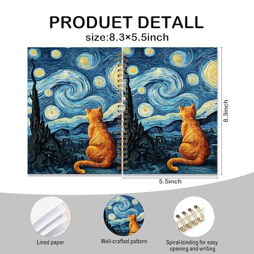 Spiral Notebook 8.3x5.5 Inches, Starry Night Cat Journal, Van Gogh Inspired Orange Cat Notebook, Aesthetic Art Lined Writing Notebook - color: Starry Night Cat